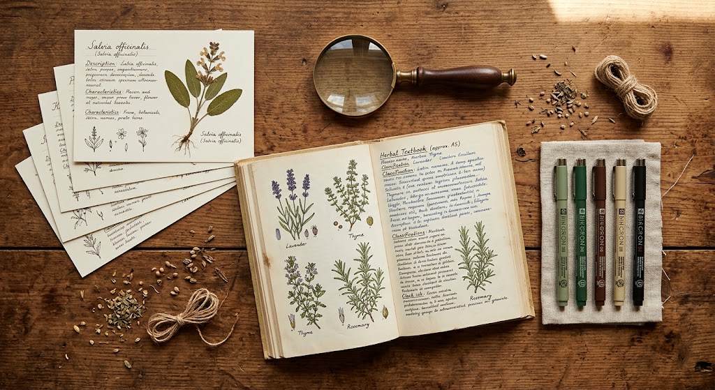 A herbal study journal on a wooden table